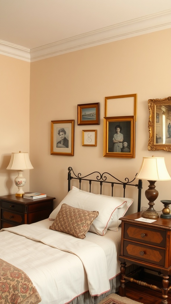 A vintage-themed beige bedroom with framed artwork on the wall, a cozy bed, and classic bedside tables.