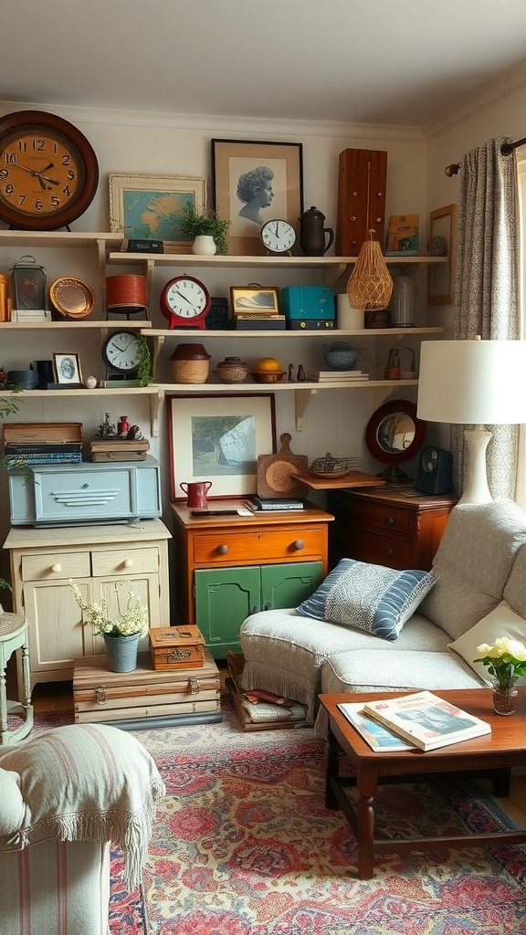 A vintage-style living room with shelves filled with clocks, art, and colorful storage boxes, complemented by cozy furniture and a patterned rug.