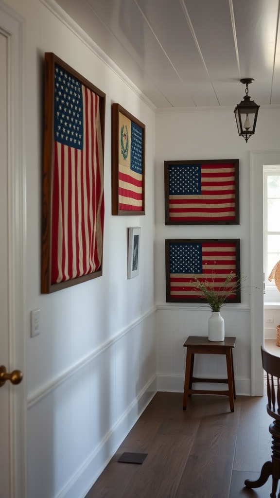 Framed vintage American flags displayed on a wall in a farmhouse setting.