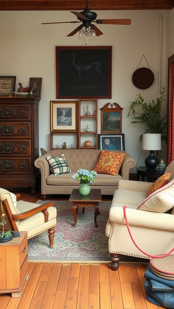 Cozy living room with vintage furniture and art pieces.