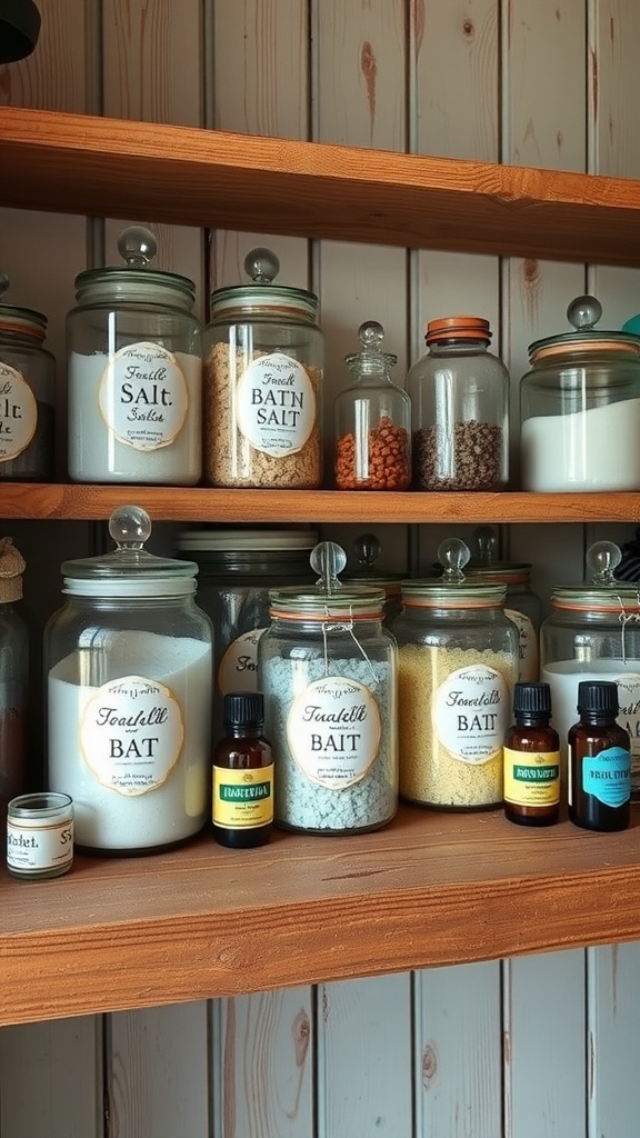 A collection of vintage apothecary jars on wooden shelves, featuring various labels and contents.