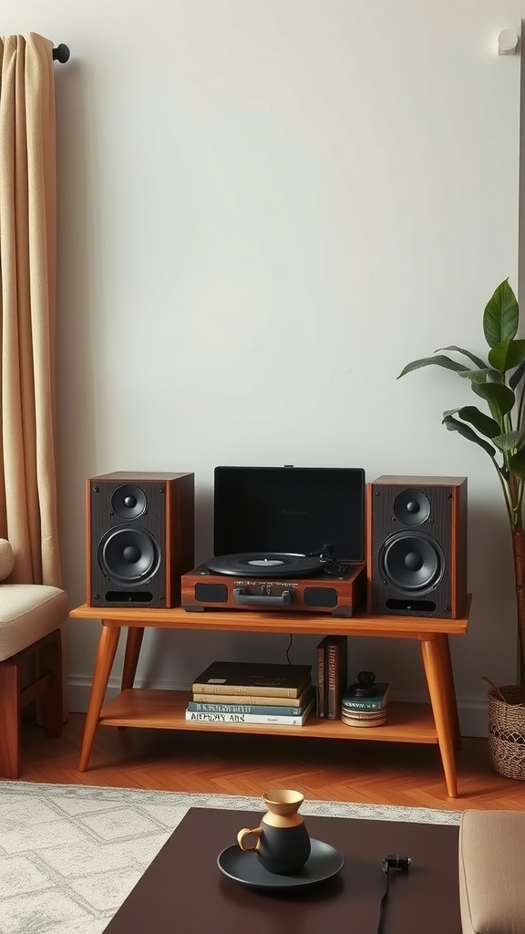 A vintage audio setup featuring a turntable and speakers in a 70s living room