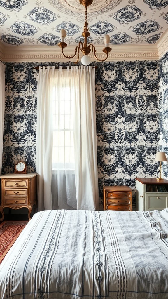 A vintage black and white bedroom featuring patterned wallpaper, white curtains, and wooden furniture.