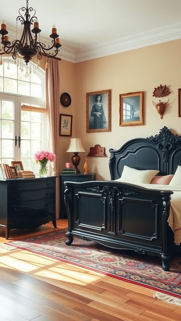 A vintage styled bedroom featuring black furniture, warm wall colors, and elegant decor elements.