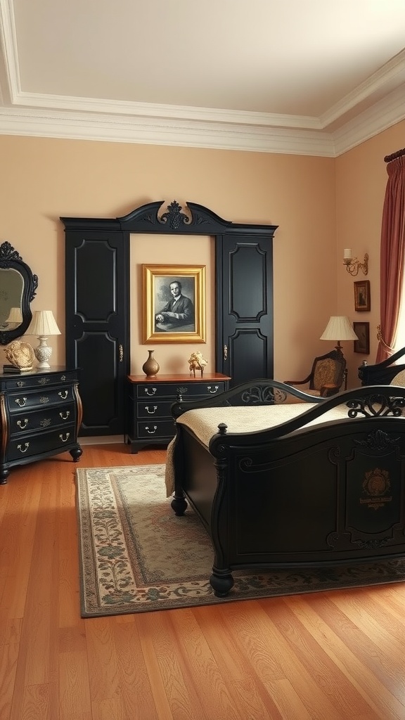 Vintage black furniture in a beige bedroom with hardwood floors and warm lighting.