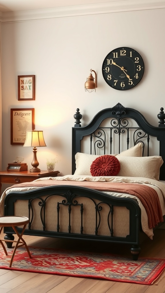 A vintage black headboard in a cozy bedroom setting with warm bedding and wooden furniture.
