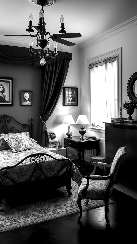 A vintage black and white bedroom featuring an ornate bed, chandelier, and classic decor.