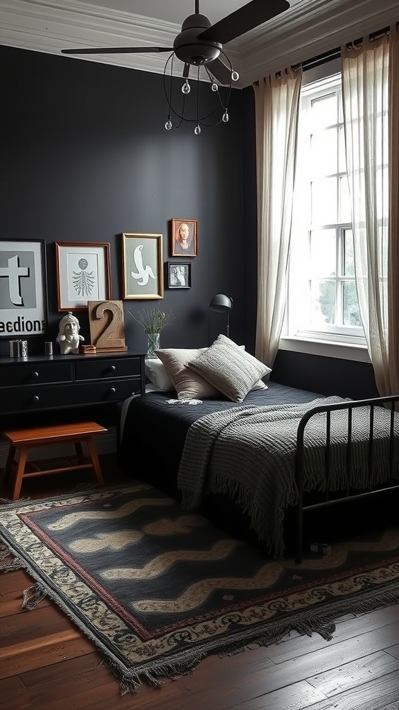 A cozy black bedroom featuring a metal bed frame, textured bedding, vintage artwork on the walls, and a patterned rug.