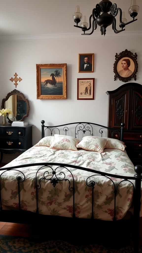 A cozy bedroom featuring a black bed frame, floral bedding, vintage wall art, and elegant lighting.