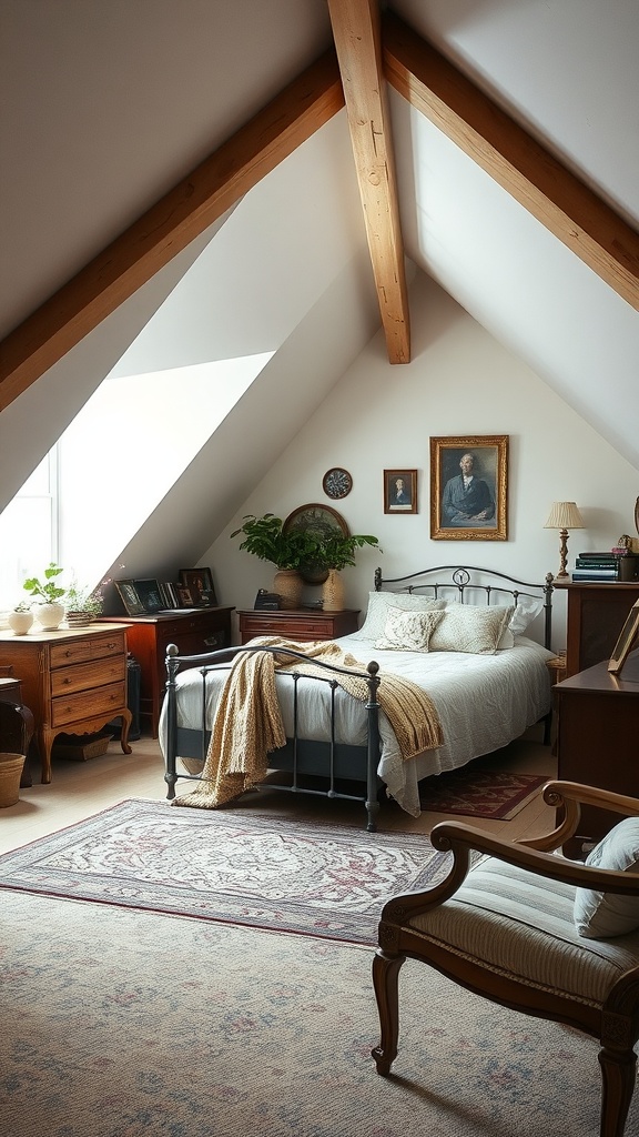 Cozy attic bedroom with angled ceilings, featuring antique furnishings, a bed with soft linens, and vintage artwork.