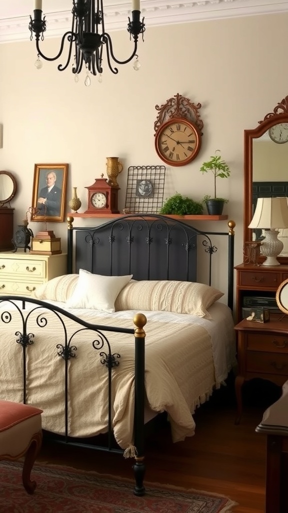 A vintage bedroom featuring a black iron bed frame, antique decor, and soft neutral bedding.
