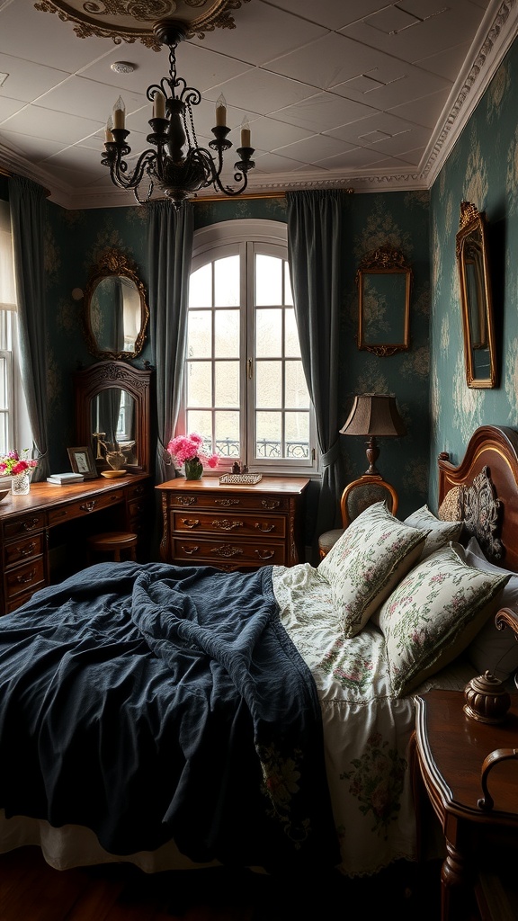 A vintage bedroom featuring black sheets on the bed, floral pillows, antique wooden furniture, and a chandelier.