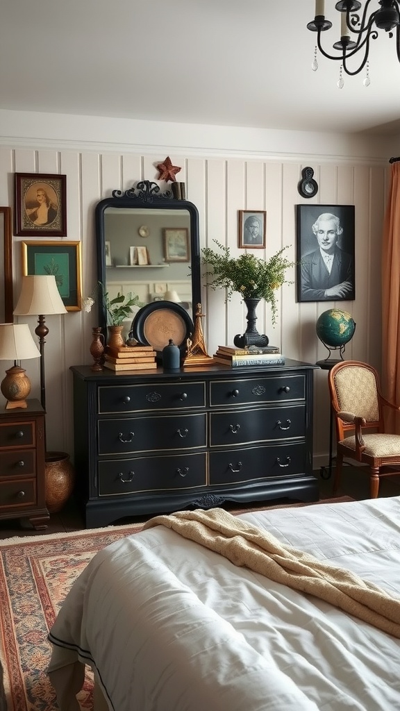 A vintage-style bedroom featuring a black dresser with decorative elements, framed pictures, and warm lighting.