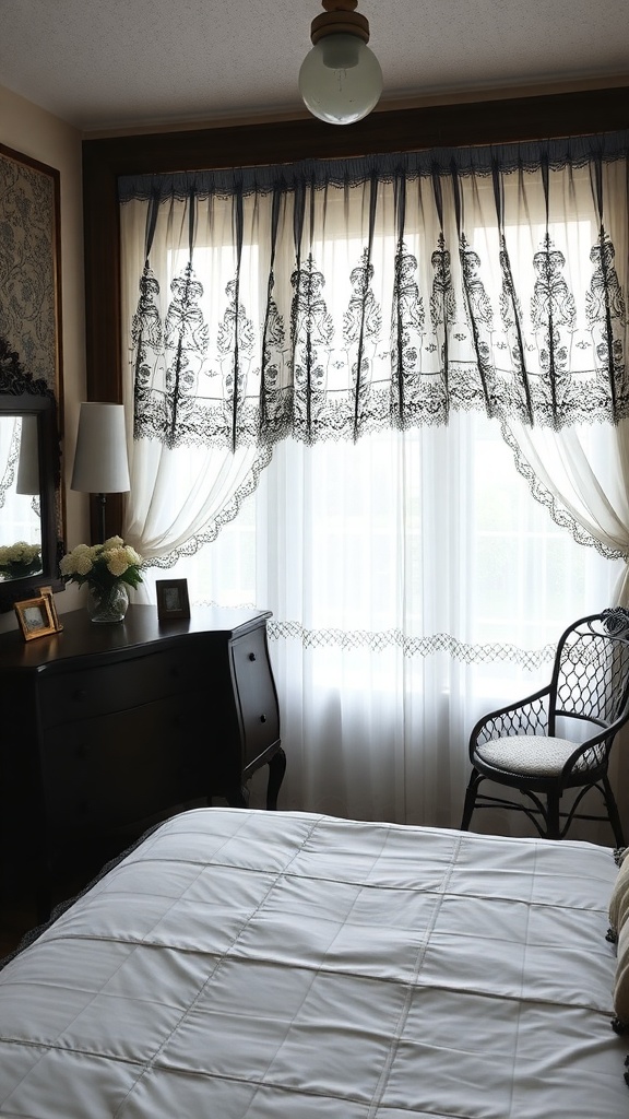 A bedroom featuring black lace curtains, a white bedspread, and dark furniture.