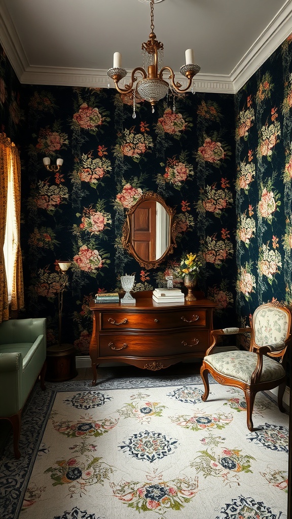 A vintage bedroom with black floral wallpaper, a wooden dresser, and elegant lighting.