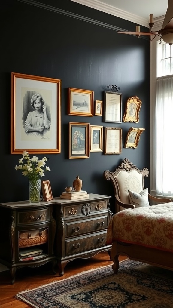 A vintage bedroom featuring a black accent wall with framed art and antique furniture.