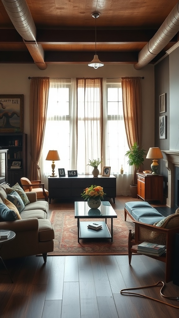 A cozy vintage living room featuring dark furnishings, plants, and warm lighting.