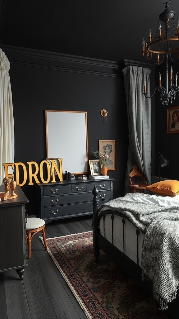 A stylish black bedroom featuring vintage and modern decor elements.