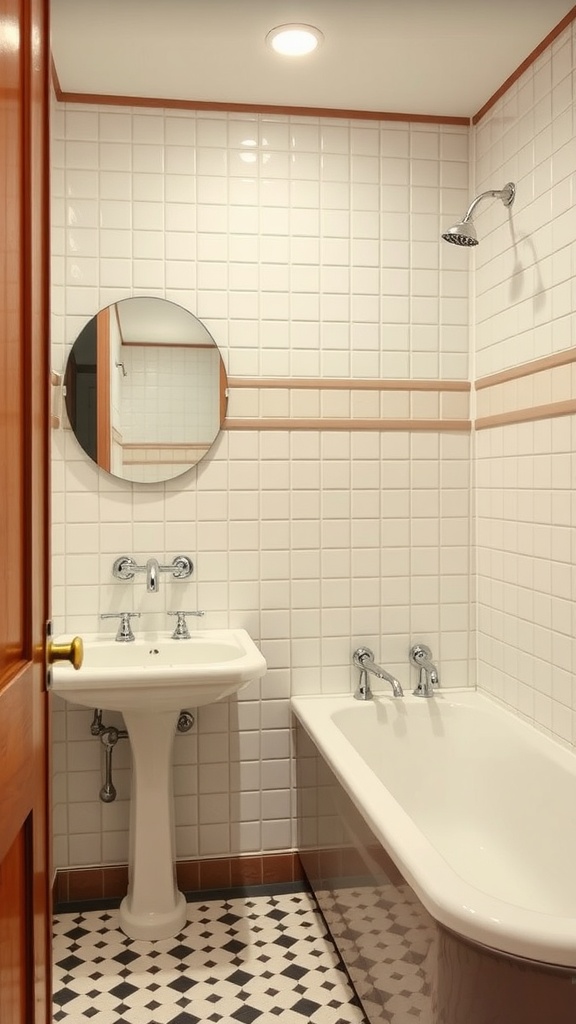 A vintage-style bathroom featuring white tiled walls, a round mirror, a pedestal sink, and a bathtub with a black and white patterned floor.