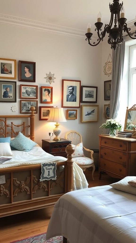 A vintage-inspired bedroom featuring two intricately designed wooden beds, a gallery wall with framed artworks, and elegant furnishings.