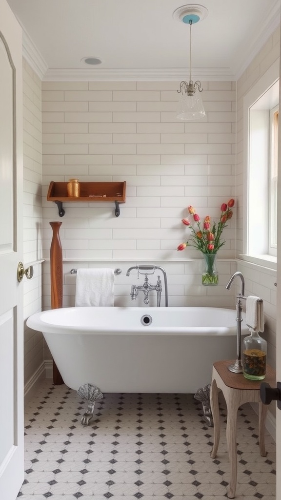Aesthetic bathroom featuring a vintage freestanding tub, patterned flooring, and modern fixtures.