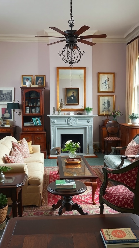 A vintage-inspired living room featuring soft pink walls, elegant furniture, a fireplace, and classic artwork.