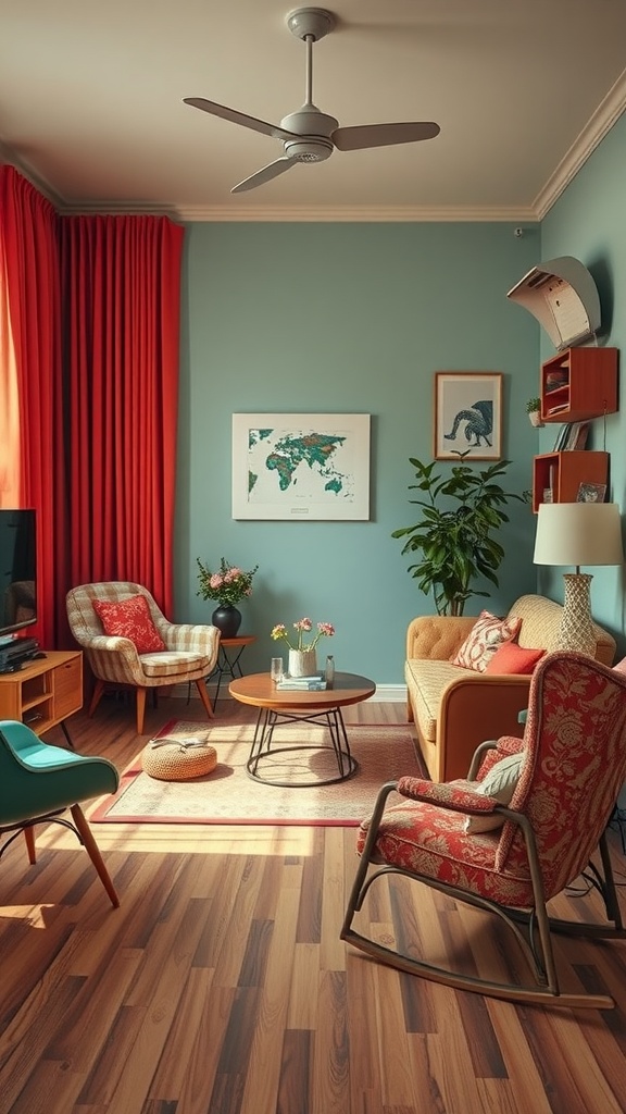 A cozy vintage living room with teal walls, red curtains, and retro furniture.