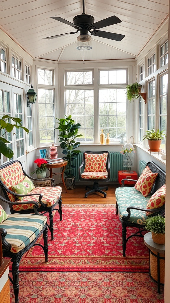 Cozy sunroom with vintage chairs, colorful upholstery, and natural light.
