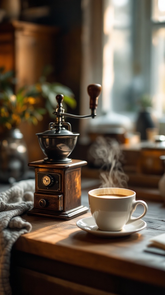 A vintage coffee grinder next to a steaming cup of freshly brewed coffee on a wooden kitchen table.