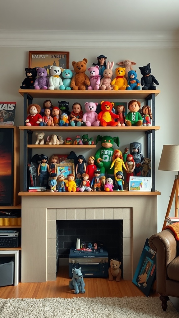 A colorful shelf filled with vintage plush toys and action figures from the 90s.