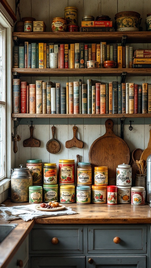 A cozy cabin kitchen with vintage cookbooks on shelves and jars of herbal teas on display.
