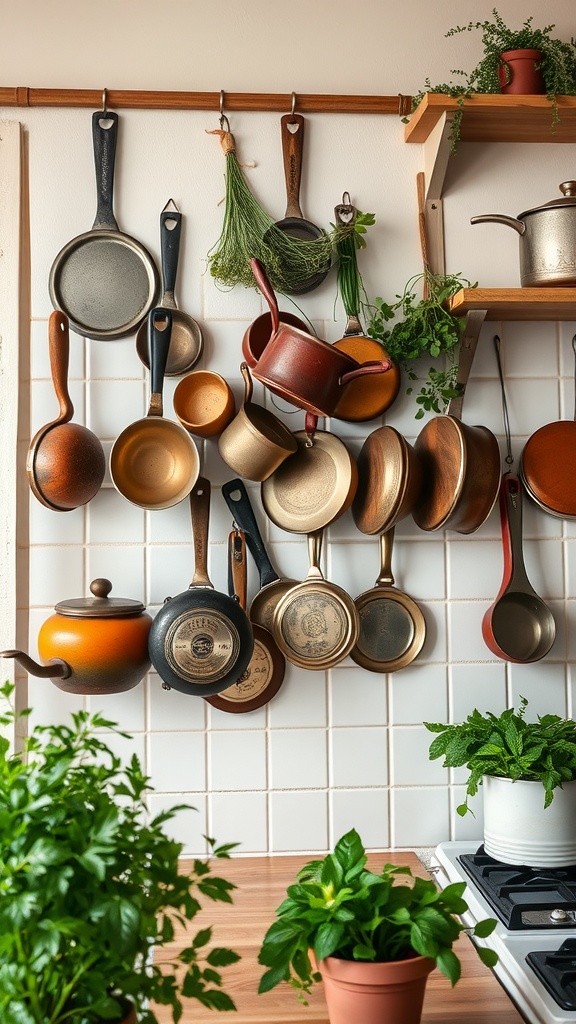 A cozy kitchen corner showcasing a vintage cookware display with hanging pots, pans, and green herbs.