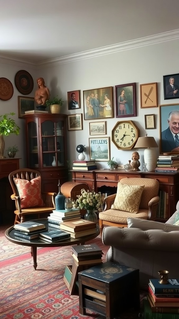 Cozy vintage living room with framed artwork, comfortable seating, and decorative items.