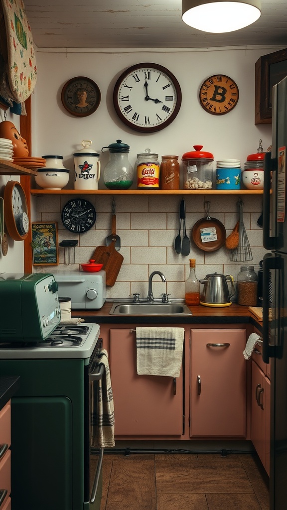 A cozy vintage kitchen with pink cabinets, a green stove, and various decorative items on shelves.