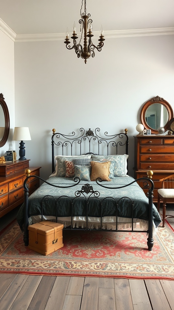 A vintage bedroom featuring a black metal bed frame, antique decor, wooden furniture, and a chandelier.