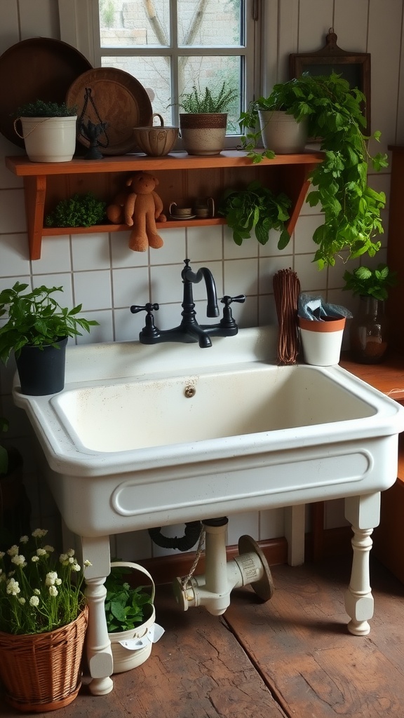 Cozy farmhouse kitchen featuring a vintage sink with antique black fixtures, surrounded by plants and rustic decor.