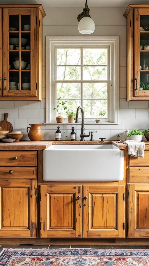 A vintage farmhouse kitchen featuring a white apron front sink, wooden cabinets, and a window with potted plants.
