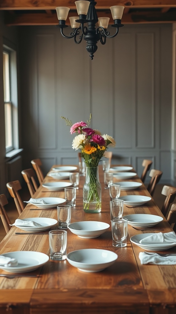 A vintage farmhouse kitchen table set with white plates and glasses, decorated with a vase of colorful flowers.