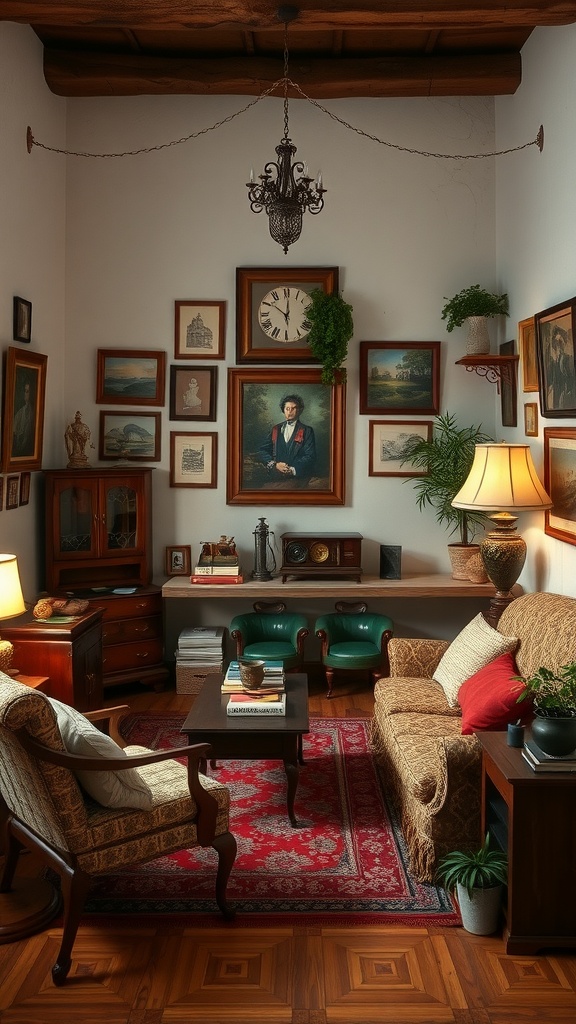 A small living room featuring vintage furniture, artwork, and decor.