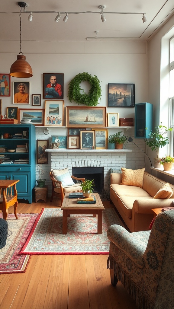A cozy living room with vintage decor, featuring framed art on the walls, a blue cabinet, and comfortable seating.