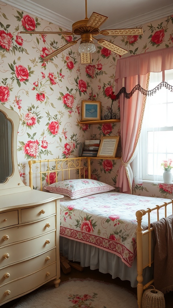A vintage-inspired bedroom featuring floral wallpaper, a cozy bed, and soft curtains.