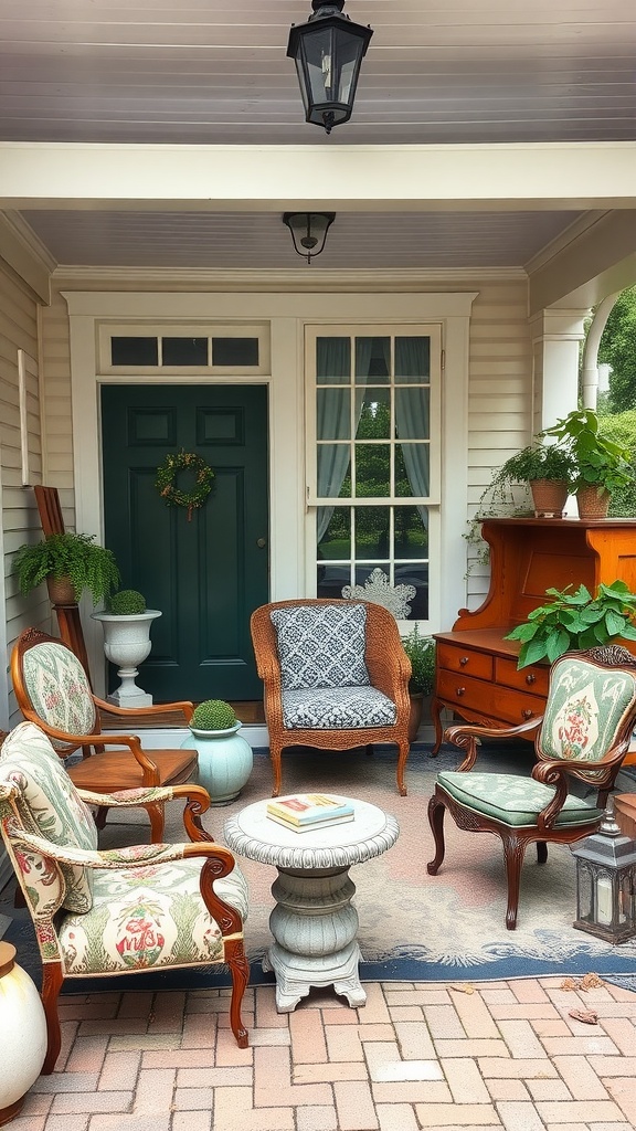 A vintage front porch with various chairs, a round table, and a green door, creating a cozy atmosphere.