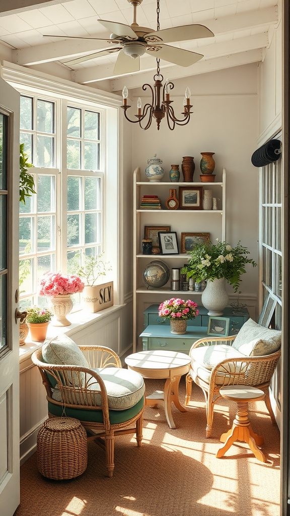 A cozy sunroom with vintage wicker furniture, a small wooden table, and shelves featuring decorative items and plants.