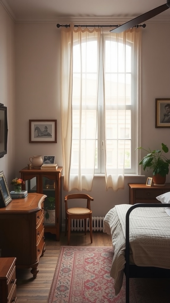 A cozy bedroom featuring vintage furniture, soft curtains, and warm lighting.