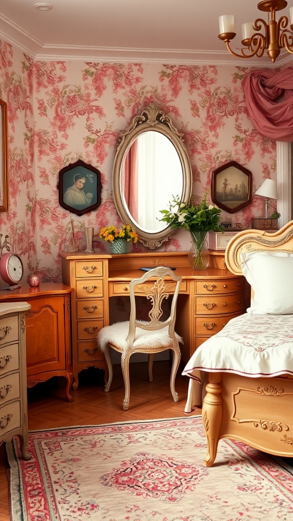 A vintage glam teen bedroom featuring floral wallpaper, ornate furniture, and a cozy atmosphere.