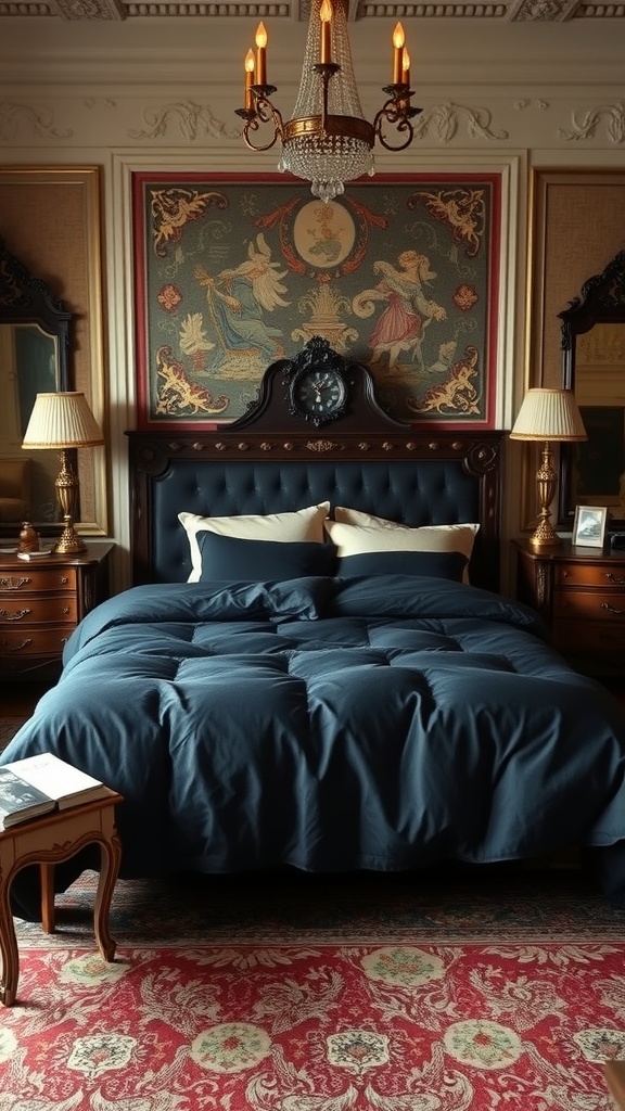 A vintage glam bedroom featuring a dark comforter, ornate headboard, vintage artwork, and elegant lighting.