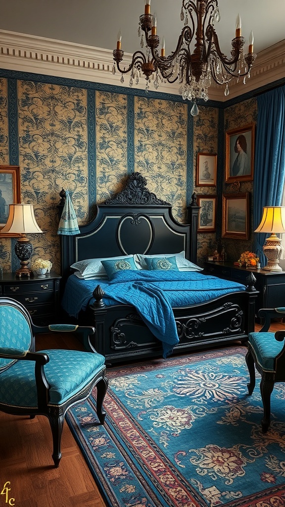 A vintage glam bedroom featuring a black bed frame with blue bedding, ornate wallpaper, and elegant lighting.