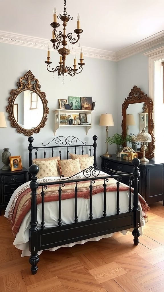 A vintage-style bedroom featuring a black bedframe, elegant chandelier, and ornate mirrors.