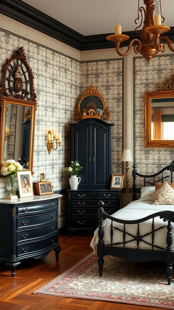 A vintage glamour style bedroom featuring black furniture, ornate mirrors, and elegant decor.