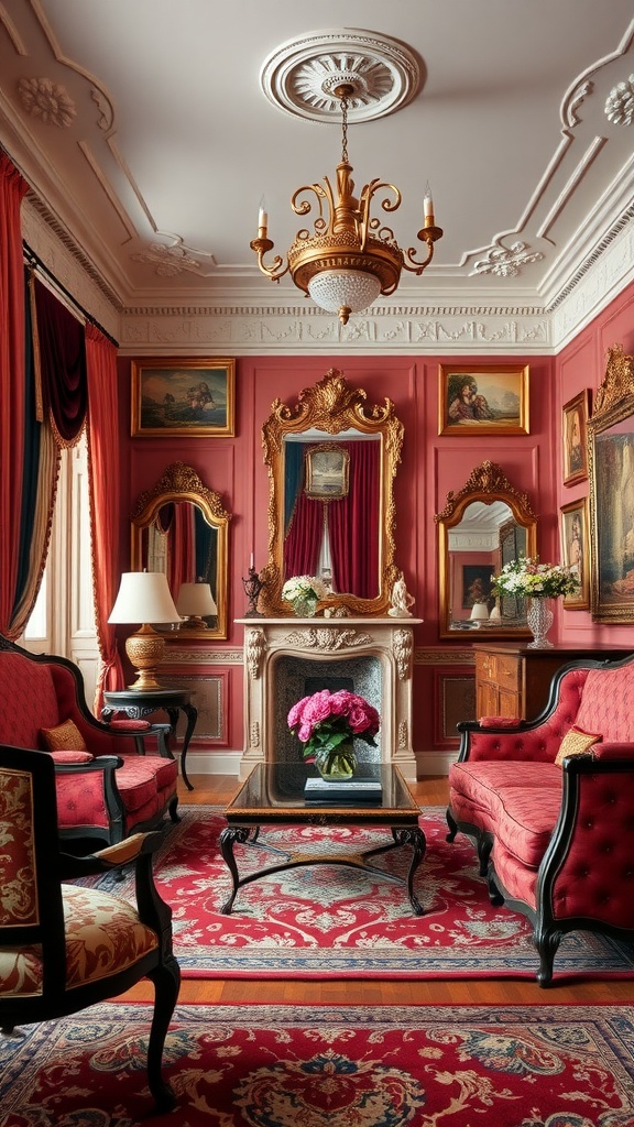 A vintage-inspired living room with red walls, plush red couches, ornate decor, and a beautiful chandelier.